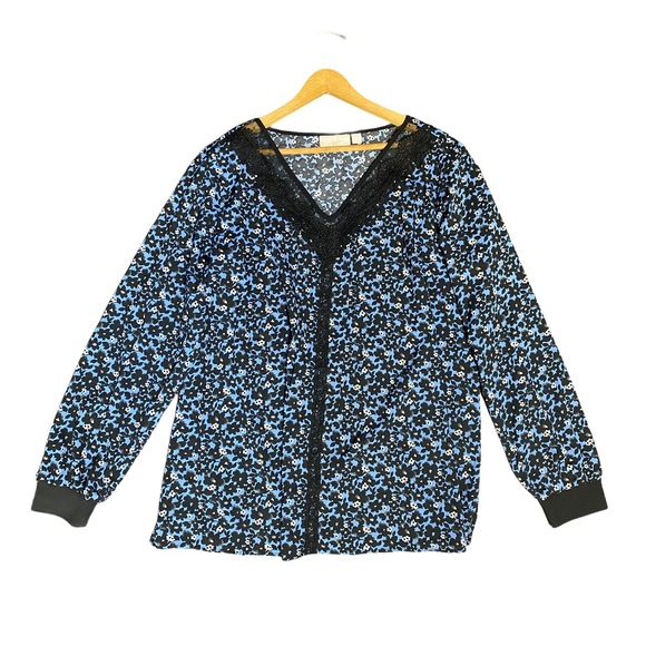 QVC Tops - Bella Kim gravel blue floral peasant sleeve L